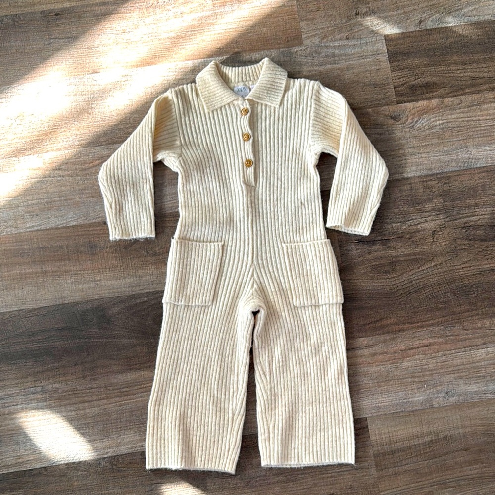 Cream Ribbed Knit Jumpsuit